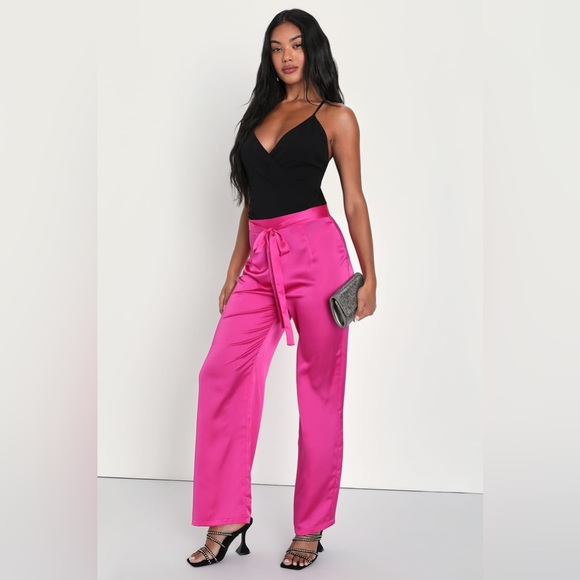 NEW: Lulus Truest Trend Fuchsia Satin Paper Bag Wide-Leg Pants - Picture 2 of 16